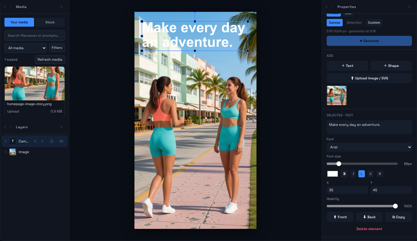 Real Image Studio workspace showing a separately selected headline over the generated image, with text properties and image layers